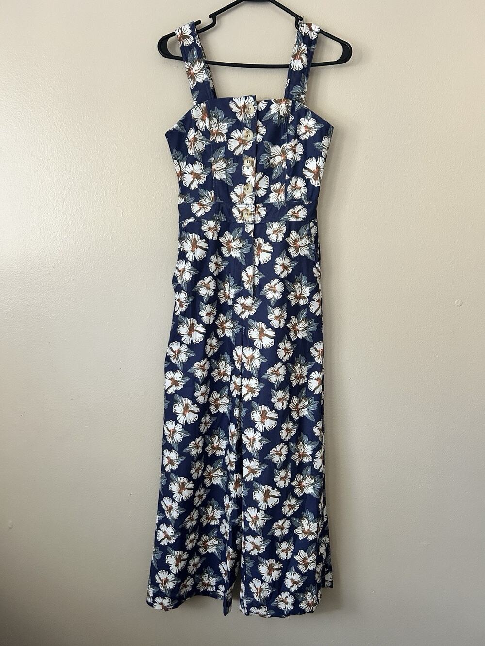 NWT ee:some Navy Blue Floral Wide Leg Jumpsuit Romper Size S Pit to Pit 15"